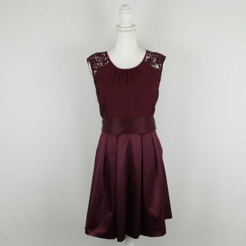 The Limited Women's Size 4 Plum Satin Scoop Neck Lace Applique Belted Dress
